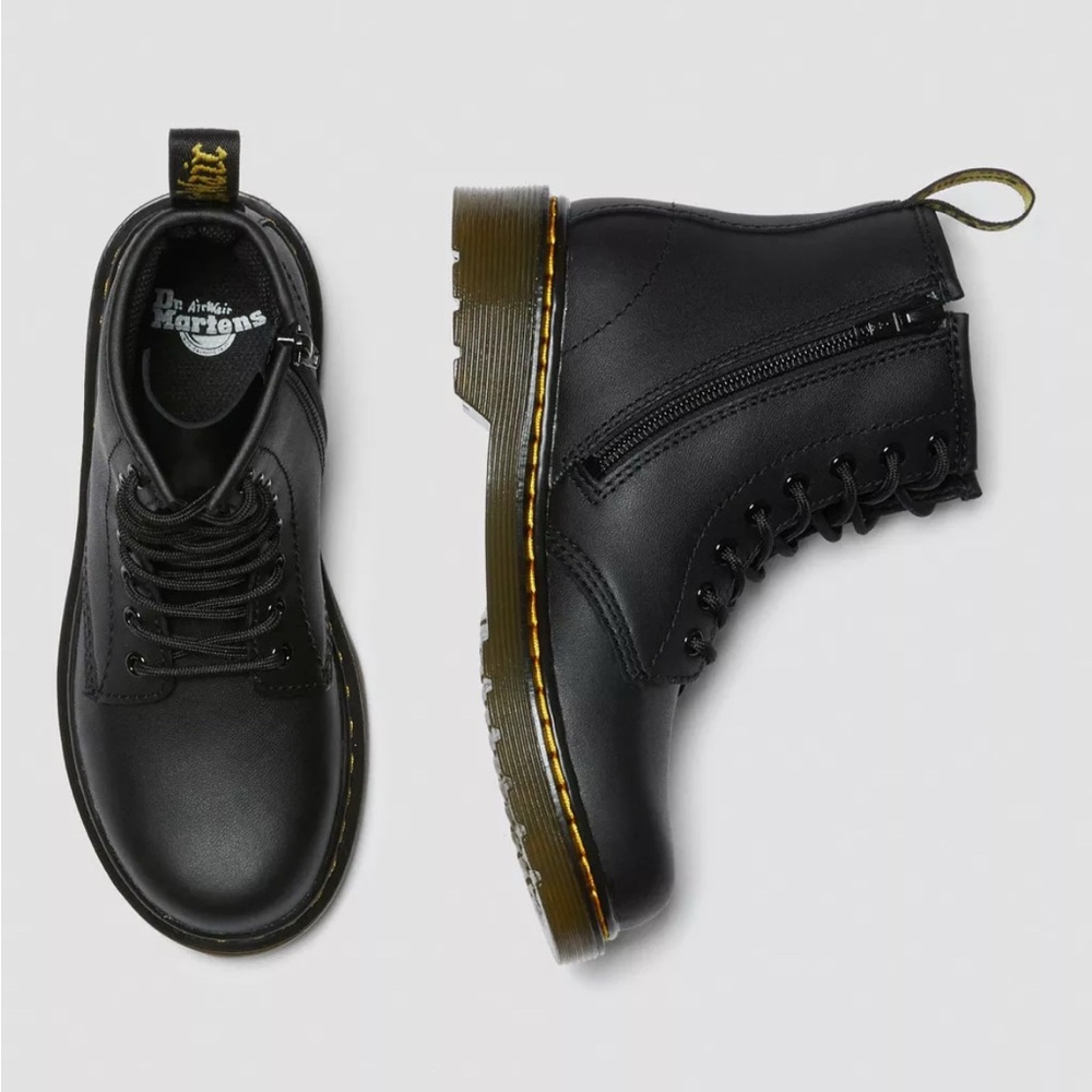 Dr. Martens Kids Black Leather Lace-Up Zip Boots with Yellow Stitching